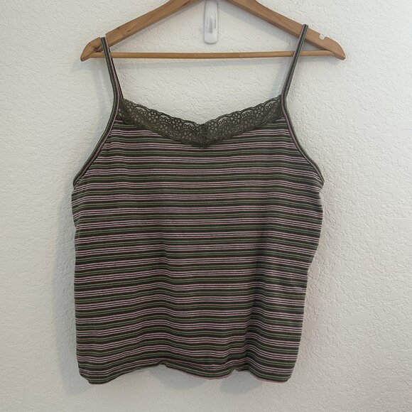 Venezia Tank Top Womens 18/20 Olive Green Pink Striped Lace Trim Cami Y2K Moody - Picture 1 of 7
